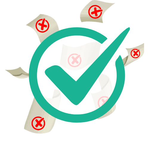 Falling papers marked with red cross, covered by a big green tick.